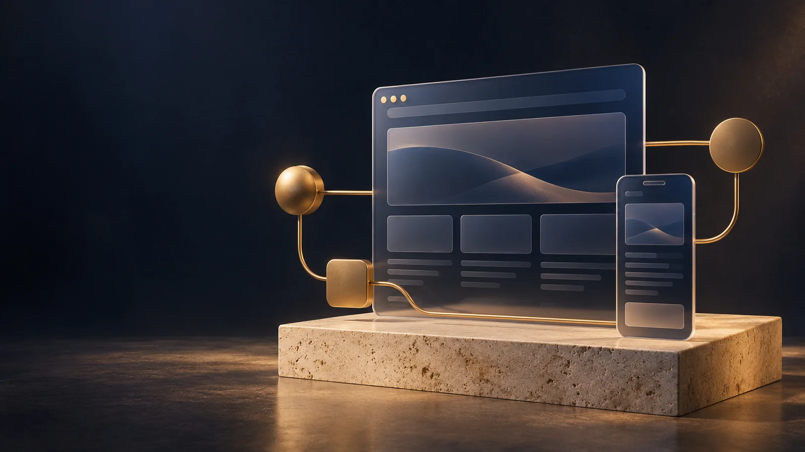 Editorial illustration of connected desktop and mobile interfaces in indigo glass and brushed brass